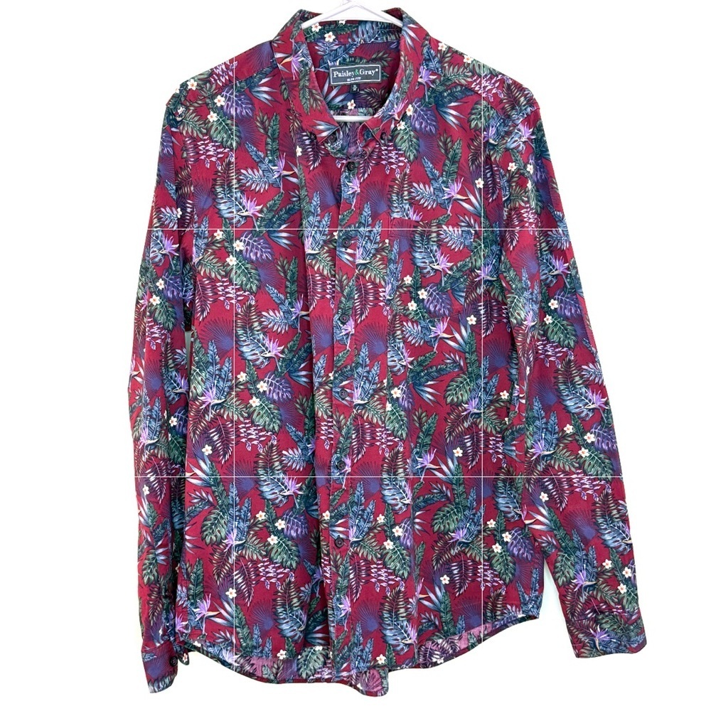 Paisley & Gray Red Tropical Print button up Shirt beach party club men XL slim